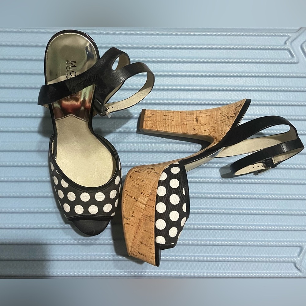 Michael Kors Adria Polka Dots Platform Ankle Strap Cork Sandals Size 10